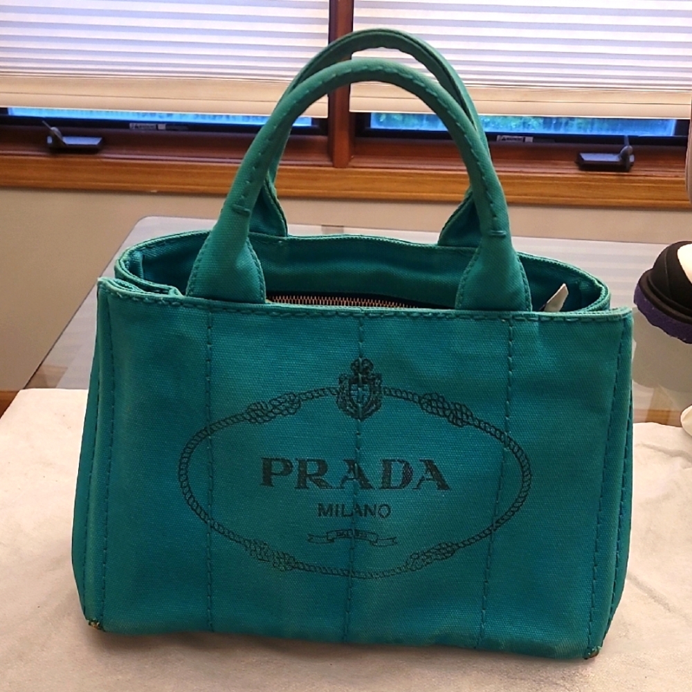 Prada Blue Canvas Tote Bag has Minor Wear